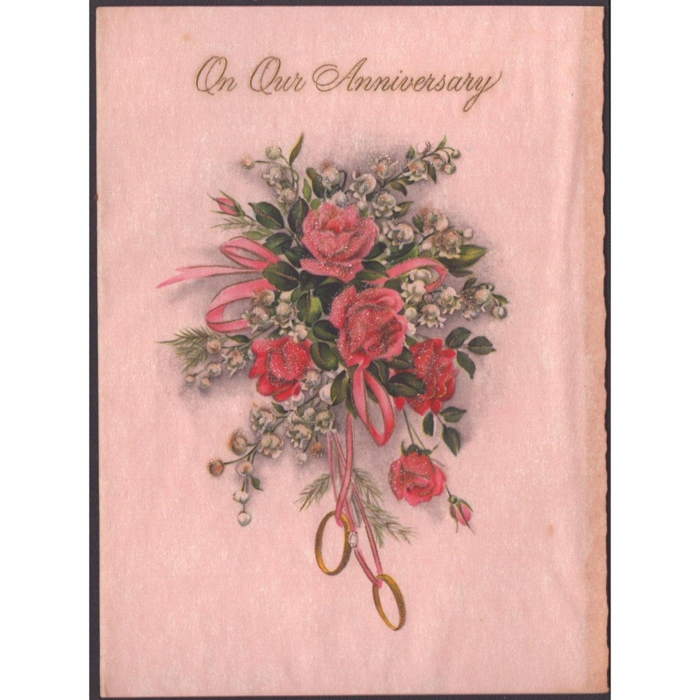 Vintage 1950s Hallmark Anniversary Card Pink Roses Glitter Gold Rings